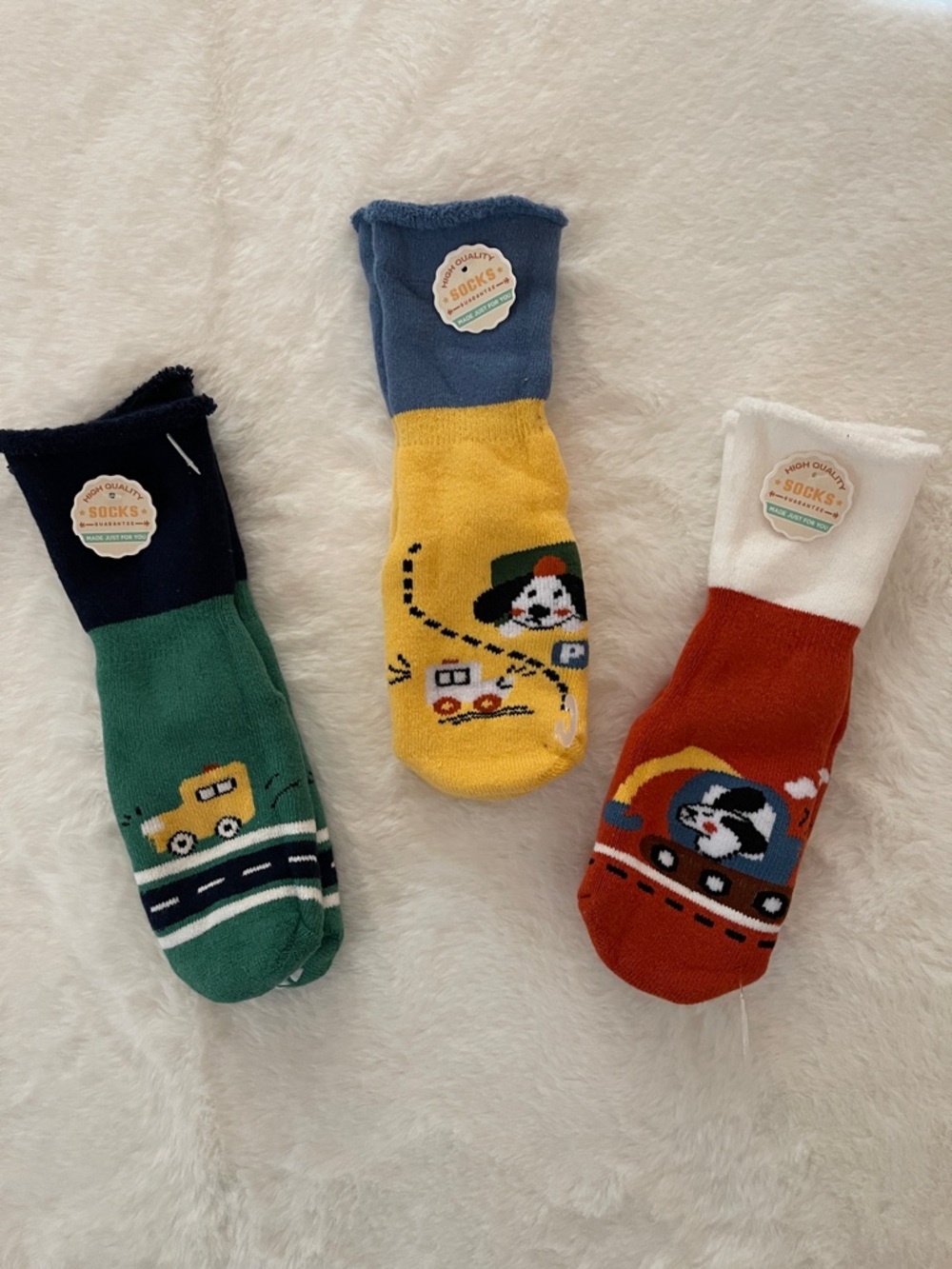 Infants Novelty Car & Puppy Slipper Gripper Socks - Green, Yellow, Rust
